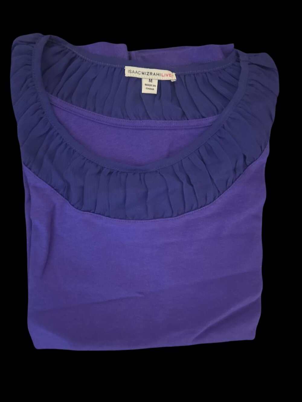 Isaac Mizrahi Live! Iris Blue Chiffon Neck Short Sleeve Tee Womens Medium NIP